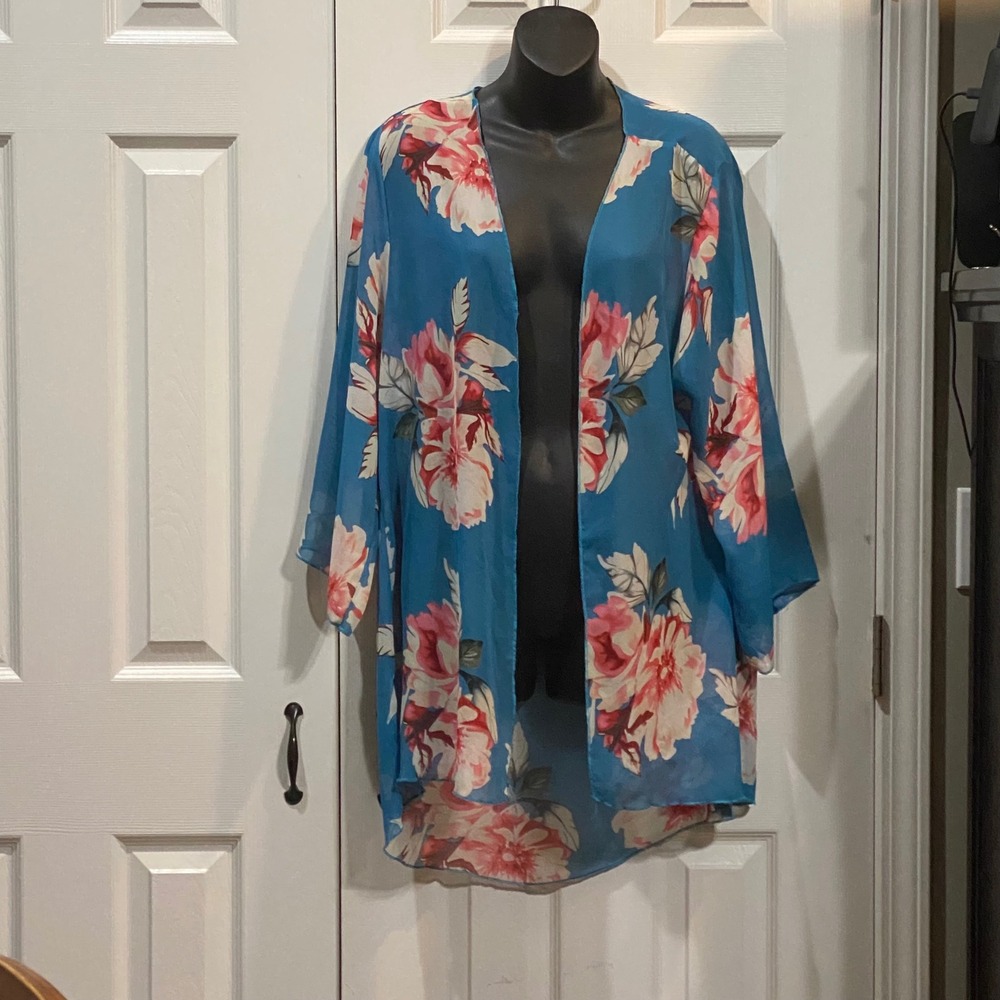Blue Floral Print Kimono Open Front Lightweight Cover Up‎ Women's